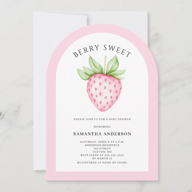 Berry Sweet Pink Strawberry Arch Girl Baby Shower  Invitation (Front)