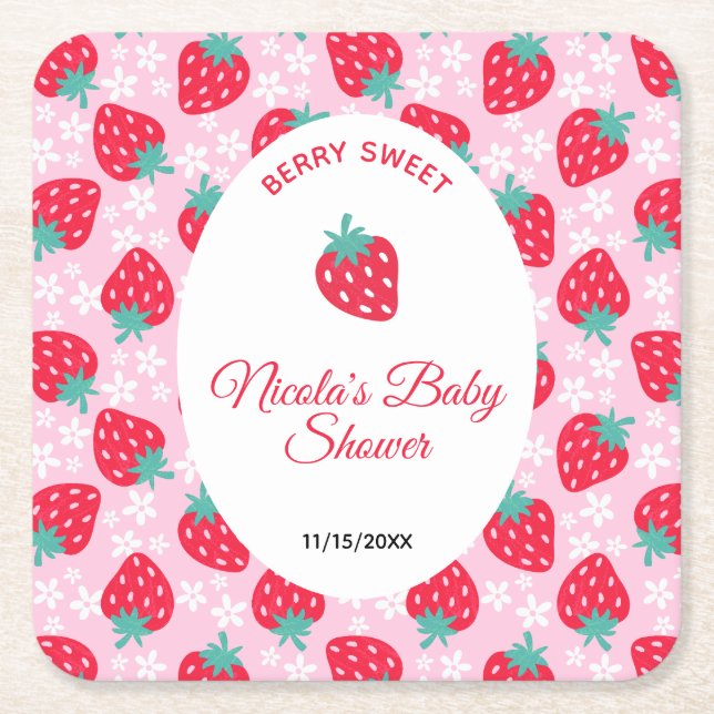 Berry Sweet Pink Strawberry Baby Shower Square Paper Coaster (Front)