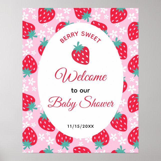 Berry Sweet Pink Strawberry Baby Shower Welcome Poster (Front)
