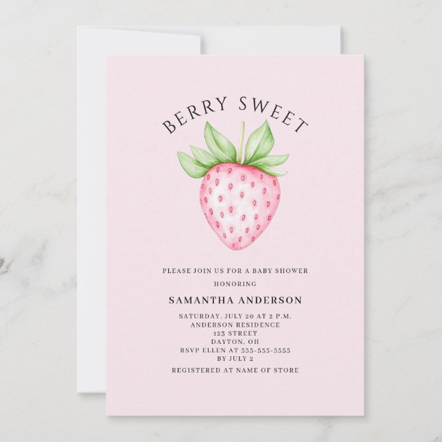 Berry Sweet Pink Strawberry Girl Baby Shower Invitation (Front)