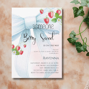 Berry Sweet Preppy Blue Bow Strawberry Baby Shower Invitation