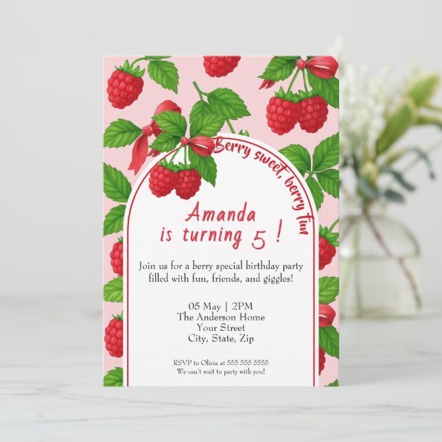 Berry Sweet Raspberry Kids Birthday Invitation  (Standing Front)