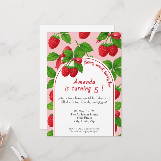 Berry Sweet Raspberry Kids Birthday Invitation  (Front/Back In Situ)