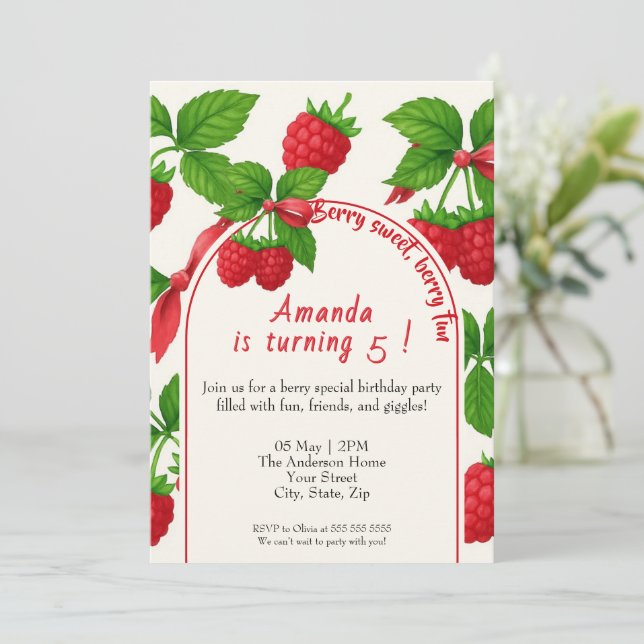 Berry Sweet Raspberry Kids Birthday Invitation  (Standing Front)