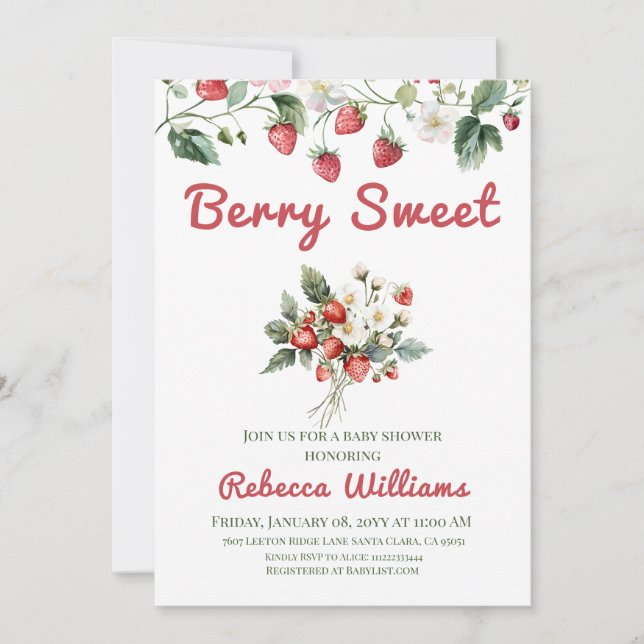 Berry Sweet Red Girl Strawberry Baby Shower Invitation (Front)
