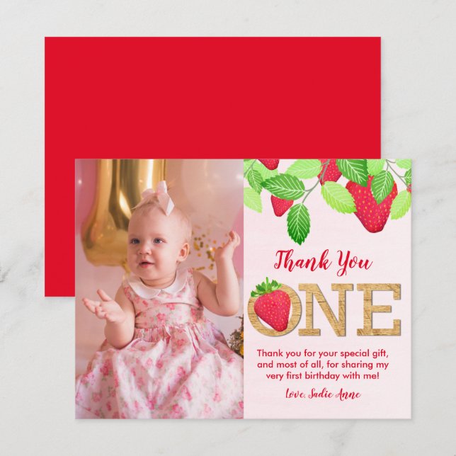 Berry Sweet Red Strawberry 1st Birthday Girl Photo Thank You Card (Front/Back)