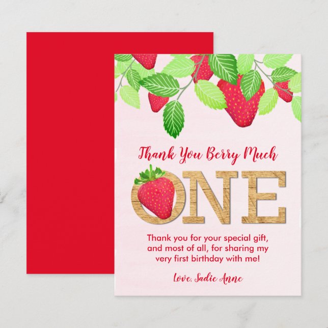 Berry Sweet Red Strawberry 1st Birthday Girl Photo Thank You Card (Front/Back)