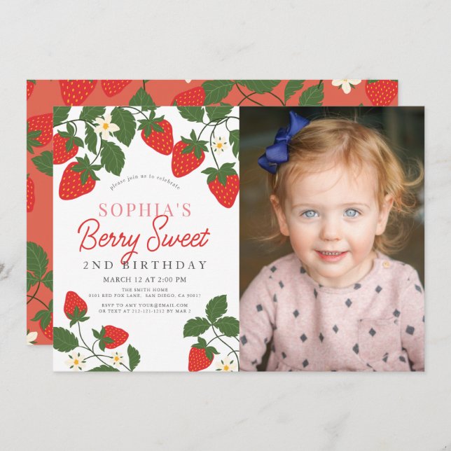 Berry Sweet Red Strawberry Photo 2nd Birthday Invitation (Front/Back)
