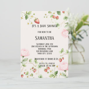 Berry Sweet Strawberries Pink Flowers Baby Shower Invitation