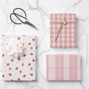 Berry Sweet Strawberries Pink Gingham Daisies Wrapping Paper Sheet