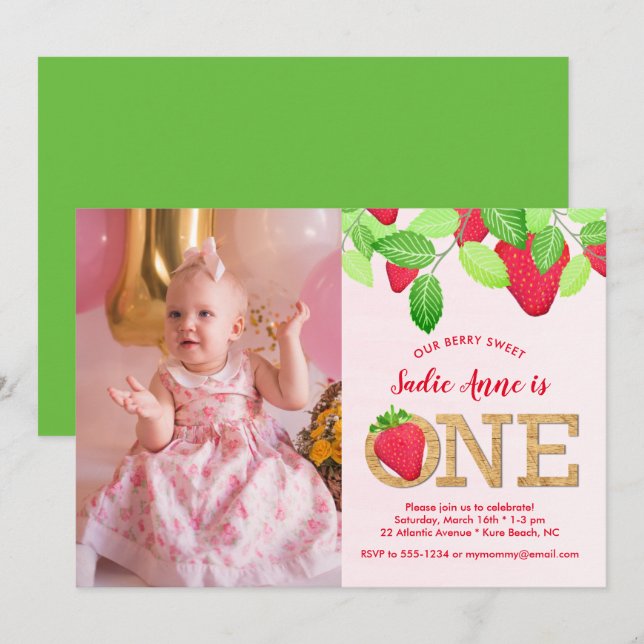 Berry Sweet Strawberry 1st Birthday Girl Photo Invitation (Front/Back)