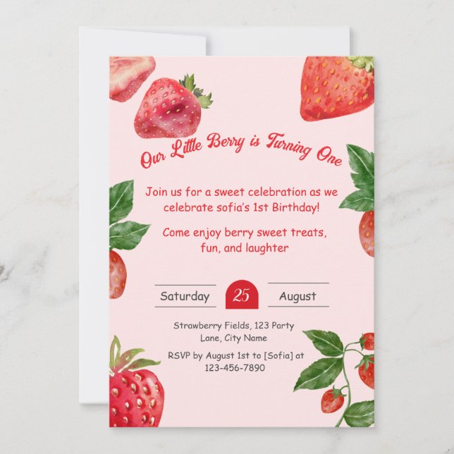 Berry Sweet Strawberry 1st Birthday Invitation  (Front)