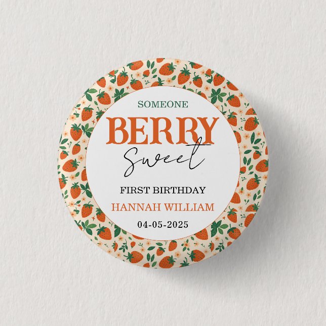 Berry Sweet Strawberry 1st Birthday Party 3 Cm Round Badge (Front)
