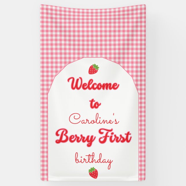 Berry Sweet Strawberry 1st Birthday Party Banner (Vertical)