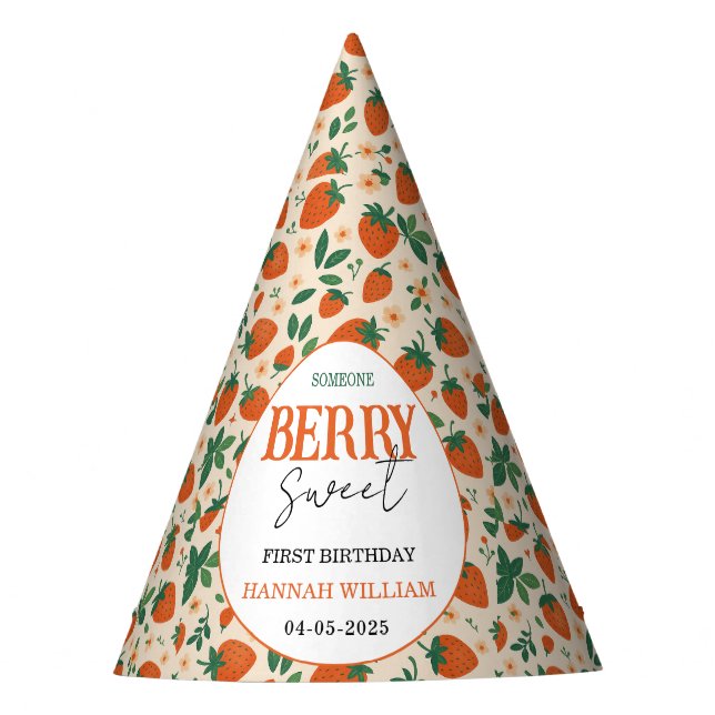 Berry Sweet Strawberry 1st Birthday Party Hat (Front)