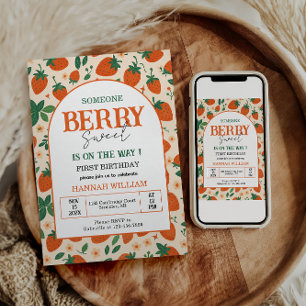 Berry Sweet Strawberry 1st Birthday Party Invitation