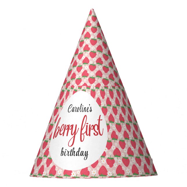 Berry Sweet Strawberry 1st Birthday Party Party Hat (Front)