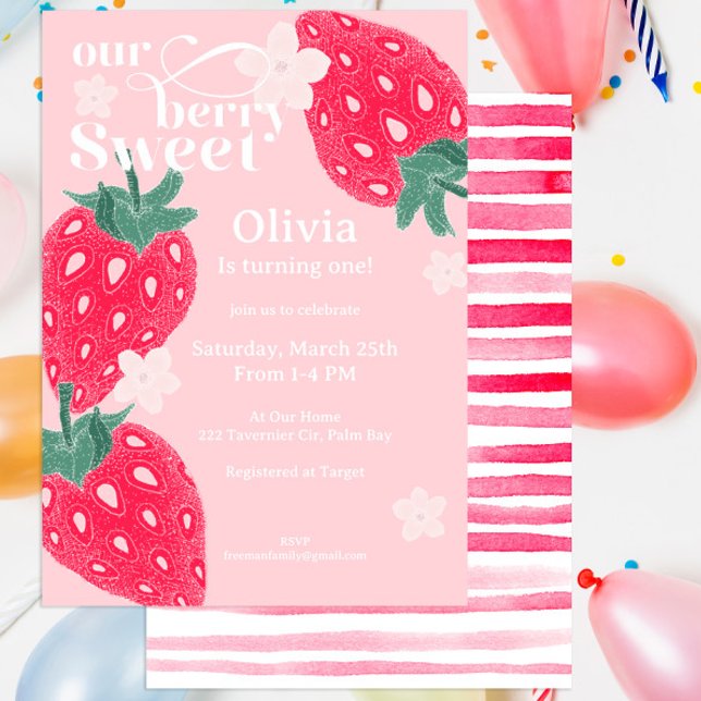 Berry Sweet Strawberry 1st Birthday Party Pink Red Invitation (Creator Uploaded)