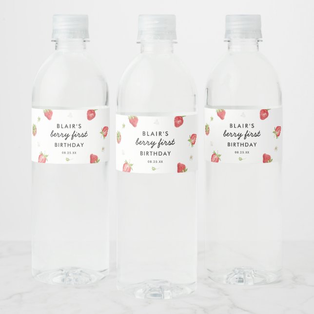 Berry Sweet Strawberry 1st Birthday Party Water Bottle Label (Bottles)