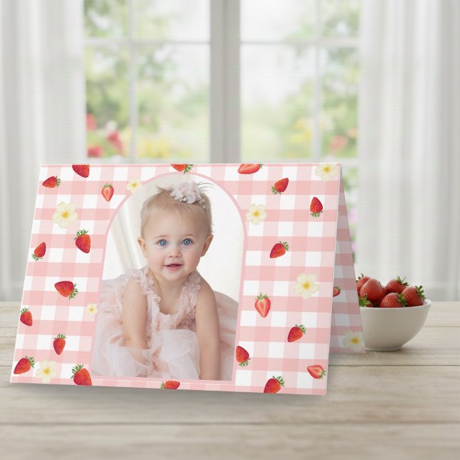 Berry Sweet Strawberry 1st Birthday Photo Folded H Thank You Card (Berry Sweet Strawberry 1st Birthday Photo Folded H Thank You Card - Front )