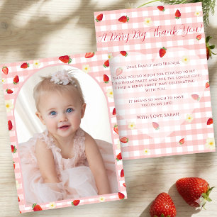 Berry Sweet Strawberry 1st Birthday Photo  Thank You Card