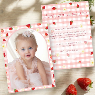 Berry Sweet Strawberry 1st Birthday Photo Thank You Card