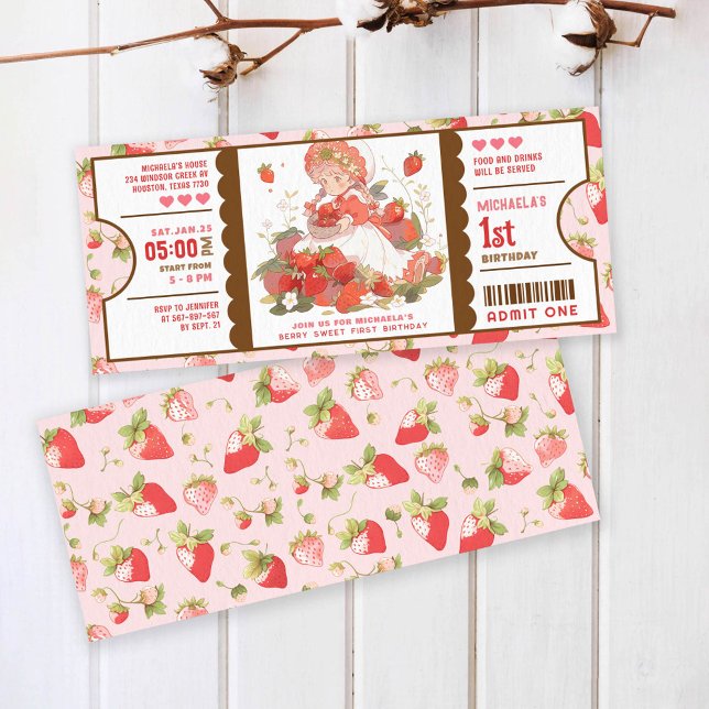 Berry Sweet Strawberry 1st birthday ticket Invitation (Creator Uploaded)