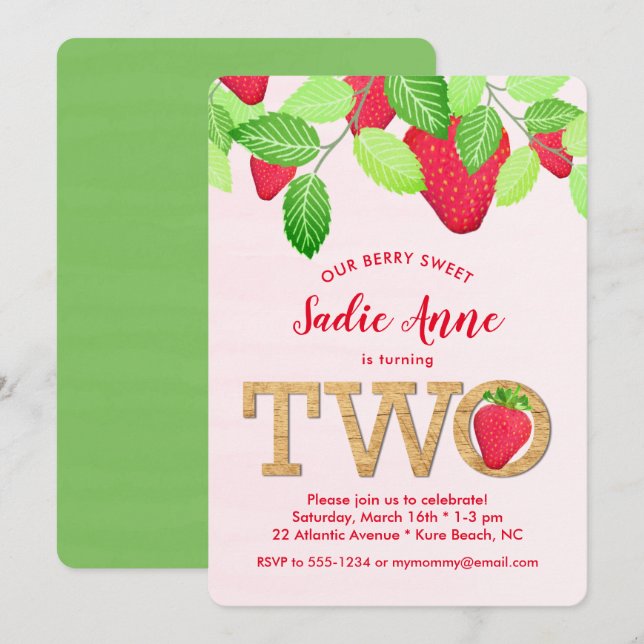 Berry Sweet Strawberry 2nd Birthday Girl Red Invit Invitation (Front/Back)