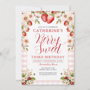 Berry Sweet Strawberry 3rd Birthday Party Floral Invitation