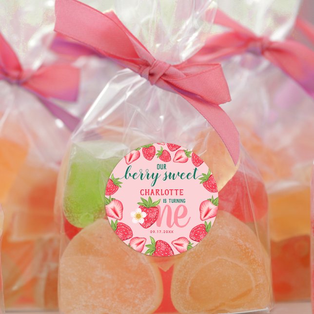 Berry Sweet Strawberry Baby 1st Birthday Party Classic Round Sticker (Creator Uploaded)
