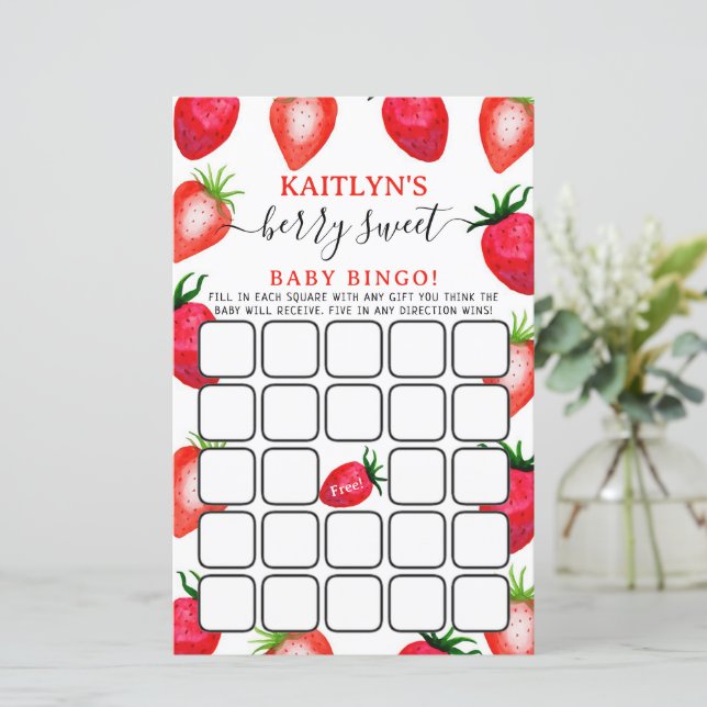 Berry Sweet Strawberry Baby Shower Bingo Game (Standing Front)