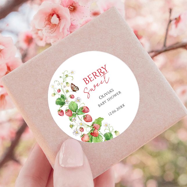 Berry Sweet Strawberry Baby Shower Classic Round Sticker (Creator Uploaded)
