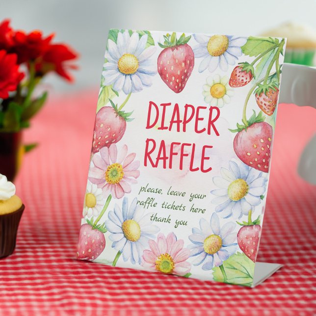 Berry sweet strawberry baby shower diaper raffle pedestal sign (Berry sweet strawberry baby shower diaper raffle pedestal table sign personalized decor)