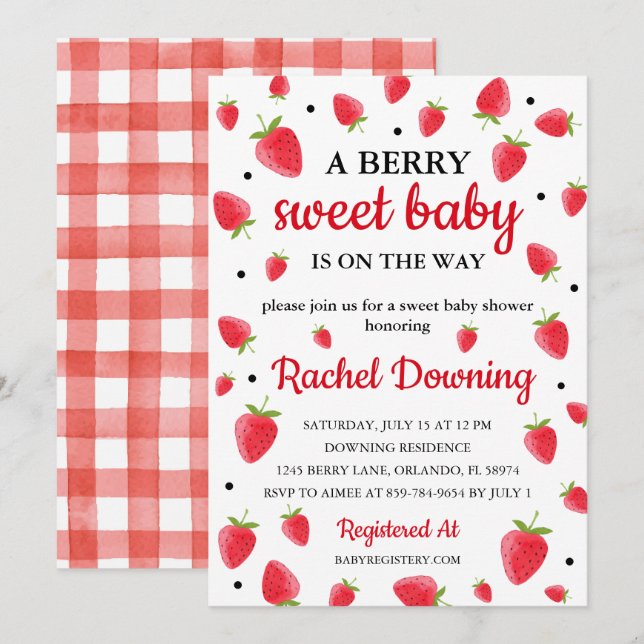 Berry Sweet Strawberry Baby Shower Invitation  (Front/Back)