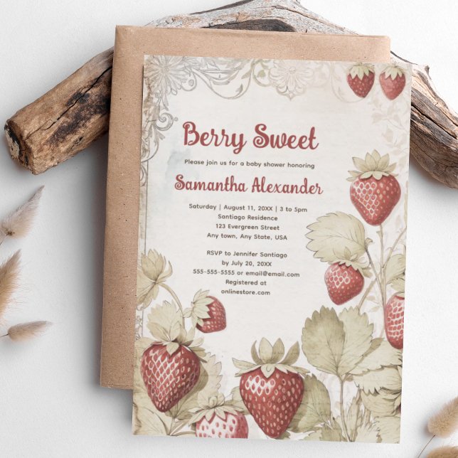Berry Sweet strawberry baby shower  Invitation (Berry Sweet Strawberry baby shower invitation. Vintage antique strawberry design. Sweet strawberries)