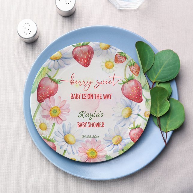 Berry sweet strawberry baby shower printed paper plate (Berry sweet summer garden strawberry baby shower personalized printed paper plates table decor)