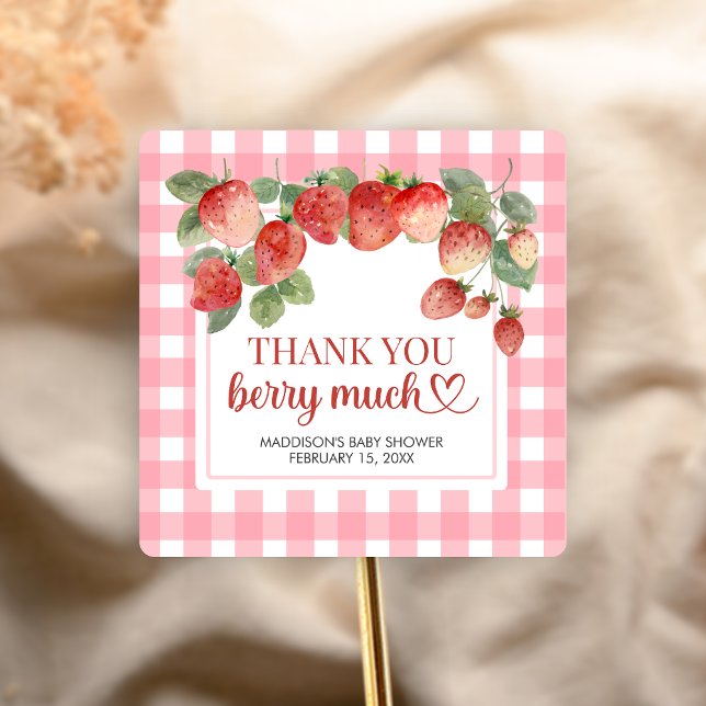 Berry Sweet Strawberry Baby Shower Square Sticker (Strawberry Baby Shower Sticker)