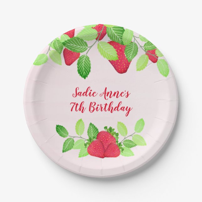 Berry Sweet Strawberry Birthday Girl Paper Plate (Front)