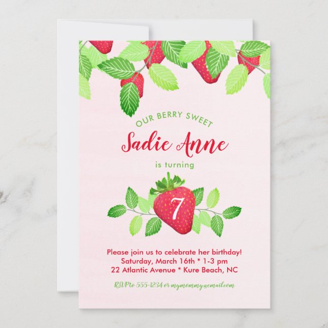 Berry Sweet Strawberry Birthday Girl Red & Pink Invitation (Front)