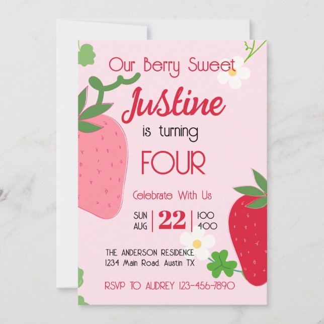 Berry Sweet Strawberry Birthday Party Invitation (Front)