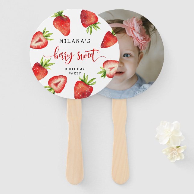 Berry Sweet Strawberry Birthday Party Photo   Hand Fan (Front and Back)