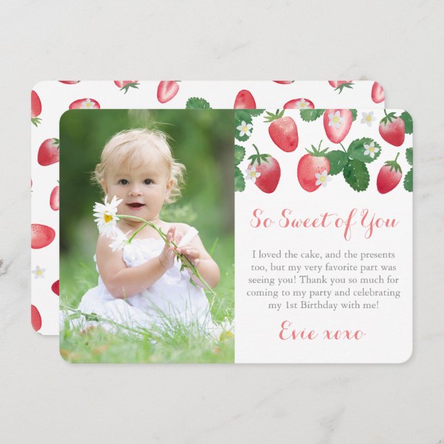 Berry Sweet Strawberry Birthday Party Photo Thank You Card (Front/Back)