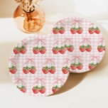 Berry Sweet Strawberry birthday Pink Gingham Paper Plate<br><div class="desc">Berry Sweet Strawberry birthday with pink bow and ping gingham.</div>