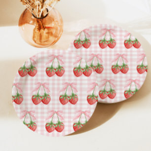 Berry Sweet Strawberry birthday Pink Gingham Paper Plate