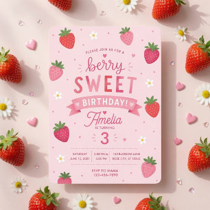 Berry Sweet Strawberry Birthday Pink Invitation