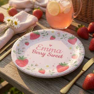 Berry Sweet Strawberry Birthday Pink Paper Plate
