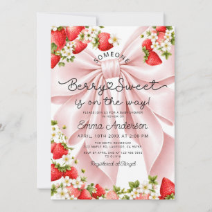 Berry Sweet Strawberry Bow Baby Shower Invitation