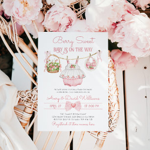 Berry Sweet Strawberry Bow Modern Baby Girl Shower Invitation