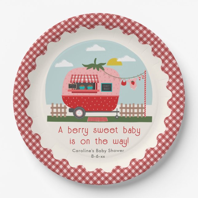 Berry Sweet Strawberry Camper Baby Shower Paper Plate (Front)