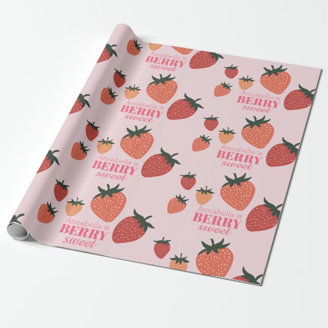 Berry Sweet Strawberry Custom Name Pink Wrapping Paper (Unrolled)